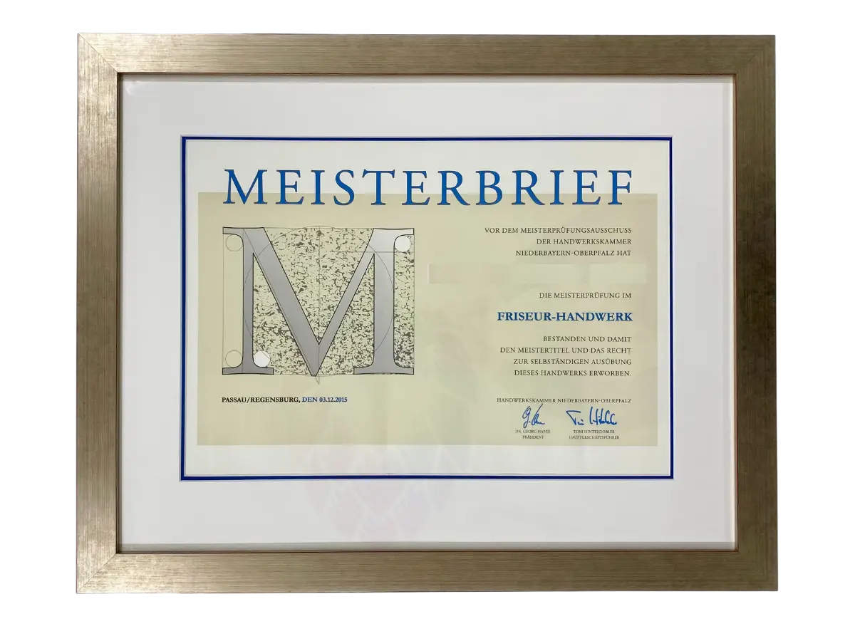 Eingerahmter Meisterbrief Friseur Handwerk