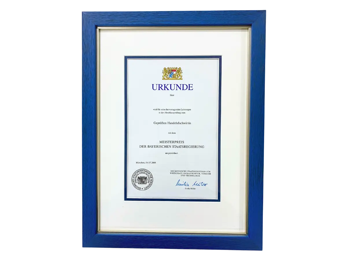 Urkunde gerahmt mit Doppelpassepartout und Doppelrahmen