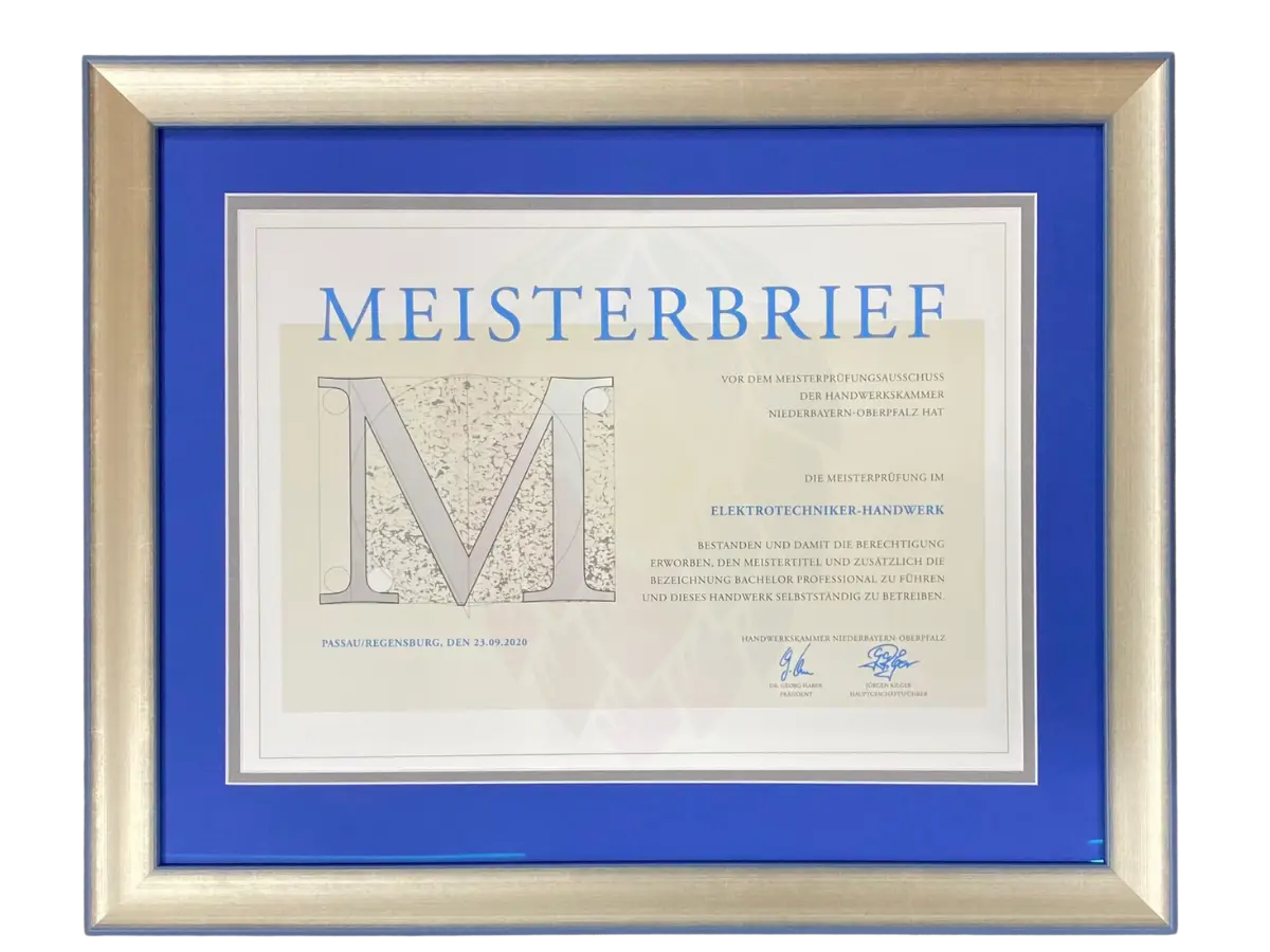 Meisterbrief - Elektrotechniker-Handwerkt mit blauem Passepartout