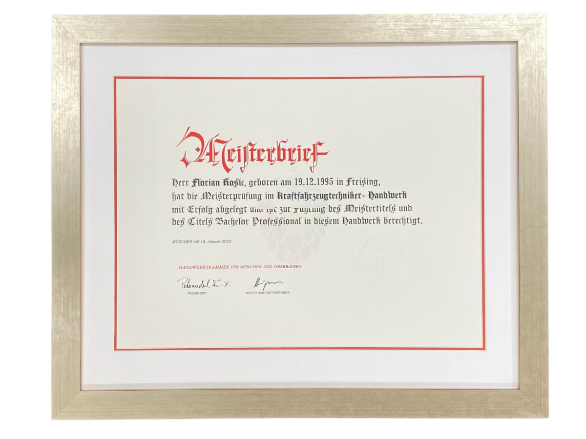 Meisterbrief modern gerahmt silber gold mit Passeparout